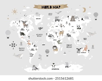 Vector world map for kids with cute animals. Children's map design for wallpaper, kid's room, wall art. America, Europa, Asia, Africa, Australia, Arctica. illustration. Animal world. Continents. 