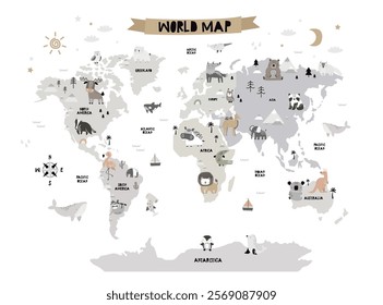 Vector world map for kids with cute animals. Children's map design for wallpaper, kid's room, wall art. America, Europa, Asia, Africa, Australia, Arctica. illustration. Animal world. Continents. 