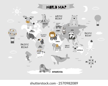 Vector world map for kids with cute animals. Children's map design for wallpaper, kid's room, wall art. America, Europa, Asia, Africa, Australia, Arctica. illustration. Animal world. Continents. 