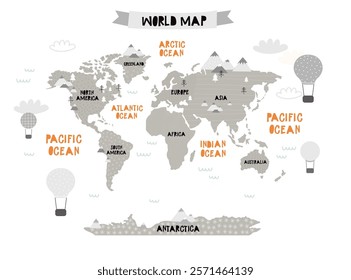 Vector world map for kids with cute cartoon planes and air balloons. Children's map design for wallpaper, kid's room, wall art. America, Europa, Asia, Africa, Australia, Arctica. Vector illustration.
