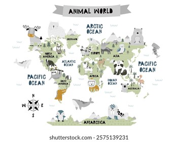 Vector world map for kids with cute animals. Children's map design for wallpaper, kid's room, wall art. America, Europa, Asia, Africa, Australia, Arctica. illustration. Animal world. Continents. 