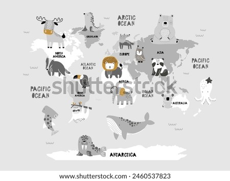 Vector world map for kids with cute animals. Children's map design for wallpaper, kid's room, wall art. America, Europa, Asia, Africa, Australia, Arctica. illustration. Animal world. Continents. 
