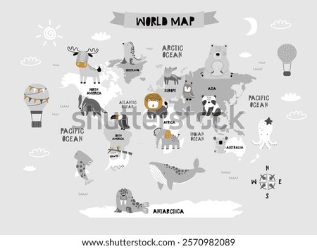 Vector world map for kids with cute animals. Children's map design for wallpaper, kid's room, wall art. America, Europa, Asia, Africa, Australia, Arctica. illustration. Animal world. Continents. 
