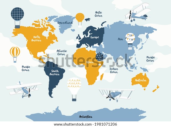 Vector map for kids with cute cartoon planes and air balloons. Children's map design for mural, kid's room, wall art. America, Europa, Asia, Africa, Australia, Arctica. Vector illustration.