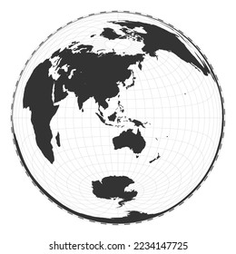 Vector world map. Lambert azimuthal equal-area projection. Plain world geographical map with latitude and longitude lines. Centered to 120deg W longitude. Vector illustration.
