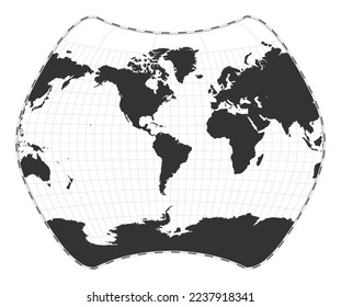 Vector world map. Larrivee projection. Plain world geographical map with latitude and longitude lines. Centered to 60deg E longitude. Vector illustration.