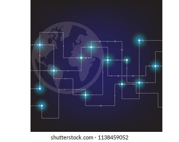 Vector world map and line on technology background