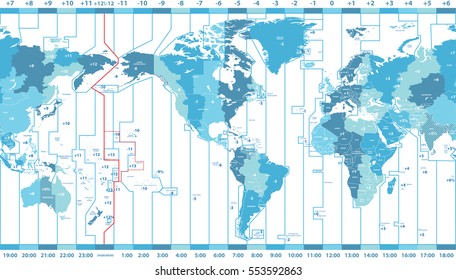 vector world map of local time zones centered by America