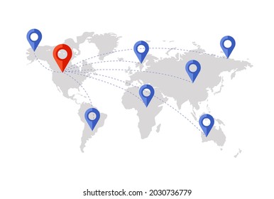 Vector World Map with Location Signs, Network Connection, Points of Destination, Gray Map, Red and Blue Pins, Illustration Isolated on White Background.