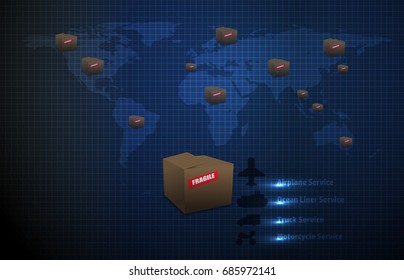 vector world map logistic concept with brown box logo icon for distribution center and transfer service