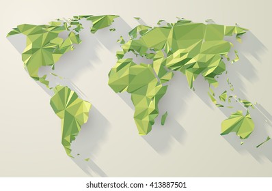 Vector world map. Low poly design. Green origami planet illustration.