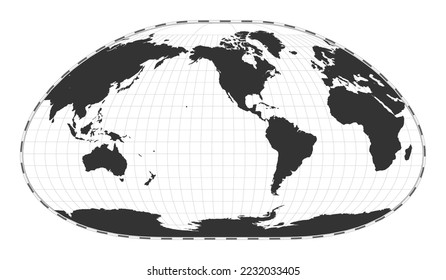 Mapa del mundo de los vectores. Proyección Loximutal. Mapa geográfico del mundo plano con líneas de latitud y longitud. Centrado en la longitud 120deg E. Ilustración vectorial.