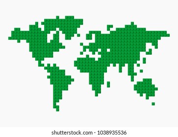 Vector world map made from plastic green construction blocks on transparent background.