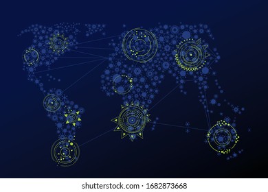 Vector world map made of virus shape silhouettes
Global pandemia illustration with infection signs