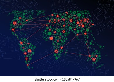 Vector world map made of virus shape silhouettes
Global pandemia illustration with infection signs