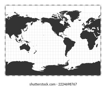 Vector world map. Miller cylindrical projection. Plain world geographical map with latitude and longitude lines. Centered to 120 degrees East longitude. Vector illustration.