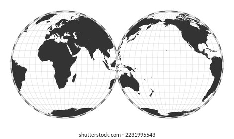 Vector world map. Mollweide projection interrupted into two equal-area hemispheres. Plain world geographical map with latitude and longitude lines. Centered to 120deg W longitude.