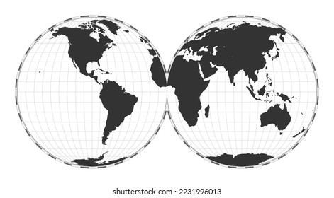 Vector world map. Mollweide projection interrupted into two equal-area hemispheres. Plain world geographical map with latitude and longitude lines. Centered to 0 degrees longitude. Vector illustration.
