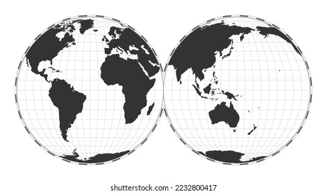 Vector world map. Mollweide projection interrupted into two (equal-area) hemispheres. Plain world geographical map with latitude and longitude lines. Centered to 60deg W longitude.