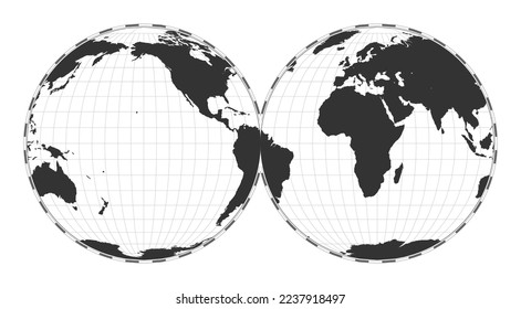 Vector world map in Mollweide projection, interrupted into two equal-area hemispheres. Plain geographical map with latitude and longitude lines, centered at 60 degrees East longitude.