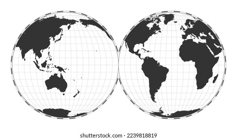 Vector world map. Mollweide projection interrupted into two (equal-area) hemispheres. Plain world geographical map with latitude and longitude lines. Centered to 120deg E longitude.