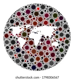 Vektorweltkarte Mosaik des Koronavirus. Eine Infektion greift das Quarantäneregional von außen an. Stencils kreisen Welt-Karte Collage mit Infektionssymbole.