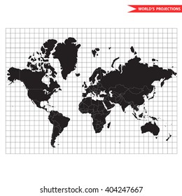 Vector world map. Most popular and usefull cylindrical conformal Mercator map projection. Scale equal in all directions around any point.  Mercator world map. World map with borders and countries.