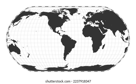 Vector world map. Natural Earth projection. Plain world geographical map with latitude and longitude lines. Centered to 60 degrees E longitude. Vector illustration.