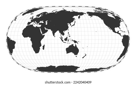 Vector world map. Natural Earth II projection. Plain world geographical map with latitude and longitude lines. Centered to 120 degrees W longitude. Vector illustration.