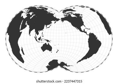 Mapa del mundo de los vectores. Proyección globular de Nicolosi. Mapa geográfico del mundo plano con líneas de latitud y longitud. Centrado en la longitud de 180 grados. Ilustración vectorial.