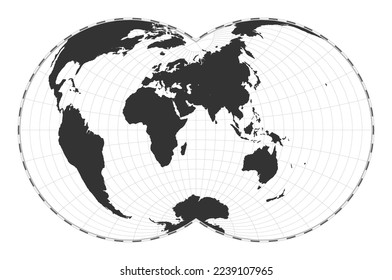 Vector world map. Nicolosi globular projection. Plain world geographical map with latitude and longitude lines. Centered to 60 degrees W longitude. Vector illustration.