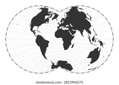 Vector world map. Nicolosi globular projection. Plain world geographical map with latitude and longitude lines. Centered to 0deg longitude. Vector illustration.