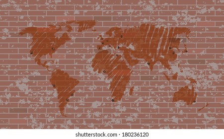 Vector world map on a brick wall.