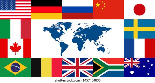 Vector world map on white background and national flag.