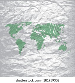 Vector world map on a wrinkled paper.