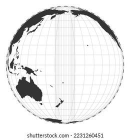 Vector world map. Orthographic projection. Plain world geographical map with latitude and longitude lines. Centered at 180 degrees longitude. Vector illustration.