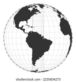 Vector world map. Orthographic projection. Plain world geographical map with latitude and longitude lines. Centered to 60 degrees E longitude. Vector illustration.
