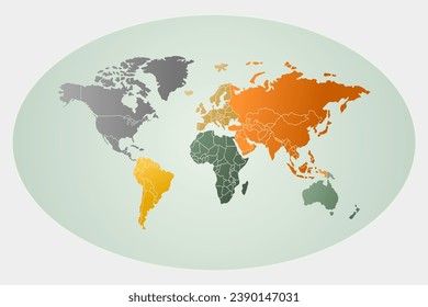 Vector world map in oval shape. Green and orange colors.