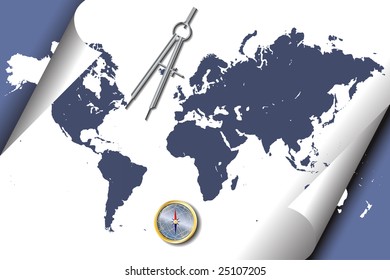 Vector - World map with page curl, contains compass and measurement instruments