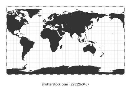 Vector world map. Patterson cylindrical projection. Plain world geographical map with latitude and longitude lines. Centered to 60deg W longitude. Vector illustration.