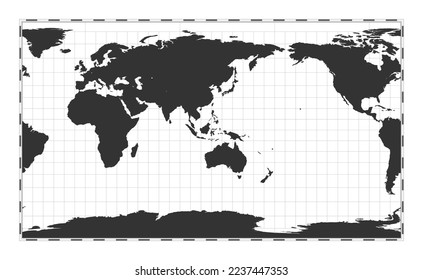 Vector world map. Patterson cylindrical projection. Plain world geographical map with latitude and longitude lines. Centered to 120deg W longitude. Vector illustration.
