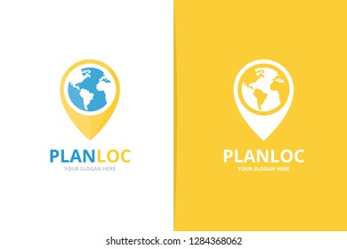 Vector world and map pointer logo combination. Earth and gps locator symbol or icon. Unique globe and pin logotype design template.