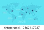 Vector World Map with pointers. North, South America, Europe, Asia, Africa, Australia. Illustration for 2025 year, infographics, global business, travel, destinations