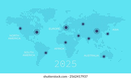 Vector World Map with pointers. North, South America, Europe, Asia, Africa, Australia. Illustration for 2025 year, infographics, global business, travel, destinations