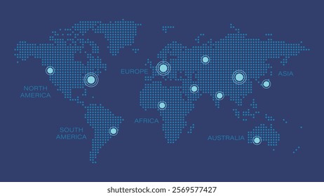 Vector World Map with pointers. North, South America, Europe, Asia, Africa, Australia. Illustration for infographics, web page, global business, communication, travel, destinations