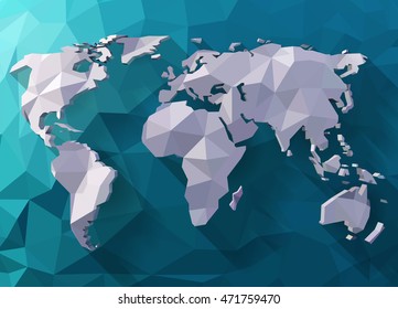 Vector world map in polygonal style. Low poly design. Origami planet illustration.