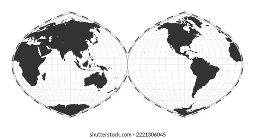 Vector world map. Quartic authalic projection interrupted into two hemispheres. Plain world geographical map with latitude and longitude lines. Centered to 180 degrees longitude. Vector illustration.