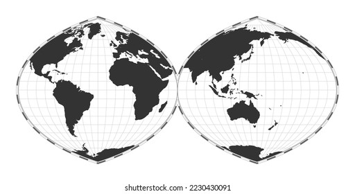 Vector world map. Quartic authalic projection interrupted into two hemispheres. Plain world geographical map with latitude and longitude lines. Centered to 60deg W longitude. Vector illustration.