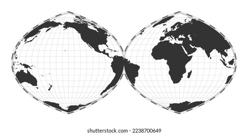 Vector world map. Quartic authalic projection interrupted into two hemispheres. Plain world geographical map with latitude and longitude lines. Centered to 60 degrees E longitude. Vector illustration.