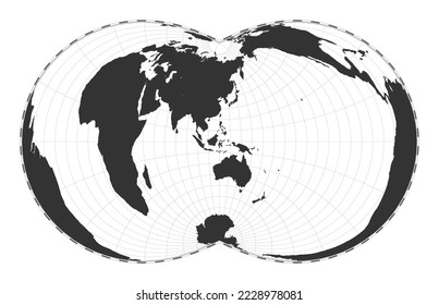 Vector world map in a rectangular polyconic projection, featuring latitude and longitude lines. Centered at 120 degrees west longitude.
